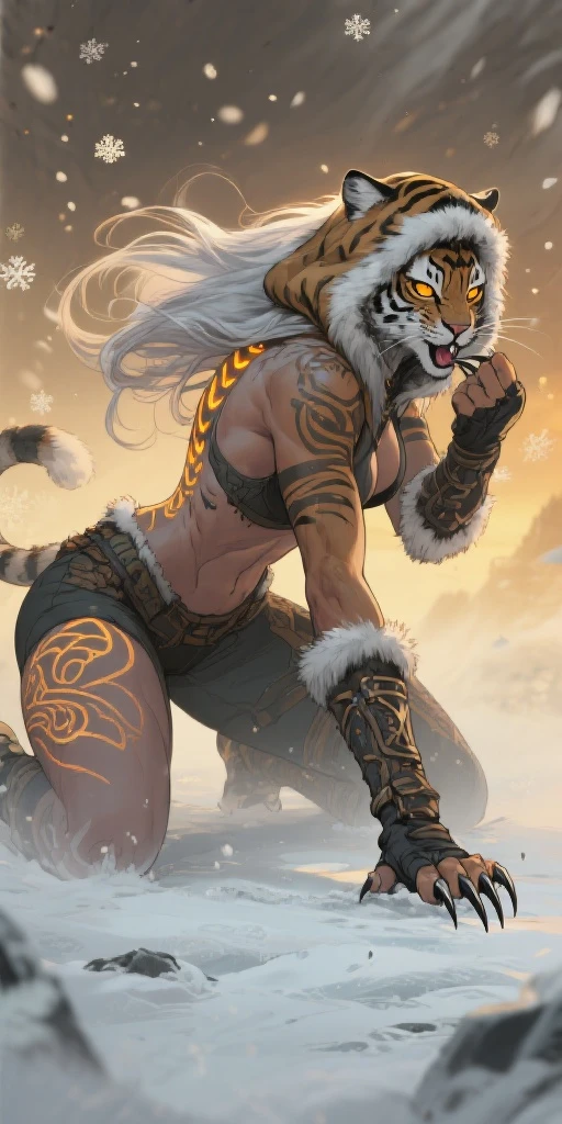 1 girl, (((oni girl))), (((red skin))), horns, white hair, ponytail, fascinated expression, full body portrait, outside, forest, mountains, butterflies, flowery meadow, best quality, (masterpiece),(ultra detailed high quality) (high resolution) aurora atria, bangs, crescent, crescent hair ornament, curled horns, fur trim, grey hair, hair ornament, 2horns 2legs 2arms barefoot bare arms, purple eyes, sheep horns, cape, Sakura flower hair ornament, yellow tiger print BIKINI stockings sleeves