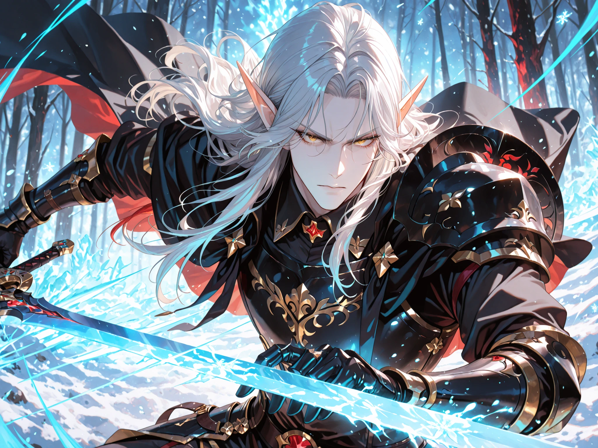 (Masterpiece), Best quality, (Ultra-detailed), Dramatic Lighting, A 26 years old, A knight, Pale skin, (Handsome), (Solo Male Elf), Silver hair with red tips, long fluffy hair, golden eyes, Elf ears, Calm expression, snowy background, (Slight Masculine), intricate armor with high-collared cape, black armor, red and gold details on armor, (Black cape with red inside), Black shirt, No bangs, ((Mature male)), ((glowing ice blue sword)), ((holding sword)), (dynamic view), (small Snowflake aura on sword), (Black Gauntlet), ((Slashing)), (close up), (sword fighting), (offensive stance), (holding black shield)), serious, Detailed Eyes, Eyelashes