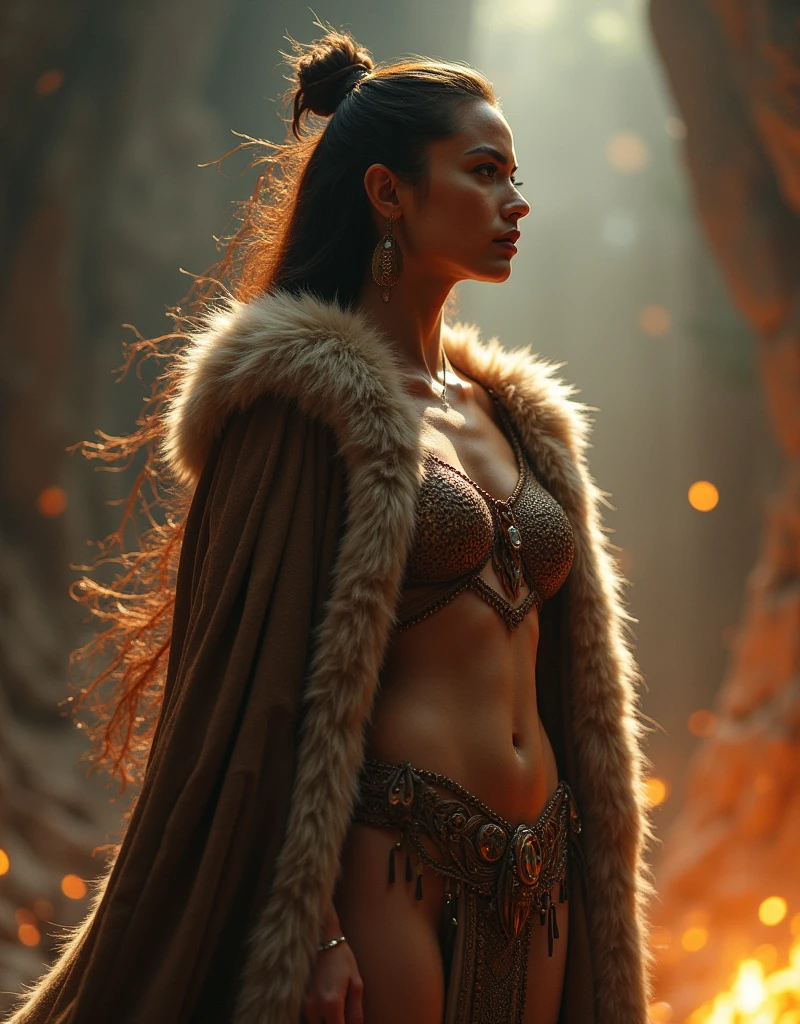 ((Quality: masterpiece, best quality, UHD, anatomically correct, photo realism, textured and detailed skin, skin pores, skin imperfections, textured and detailed hair, volumetric lighting, hyper realistic and detailed background)), whimsical and creative artist woman with a palette of vibrant colors, (((Indian woman, Indian, brown skin))), barbarian warrior, fighter, fighting pose, on a snowy mountain, leather and fur coat, weapon