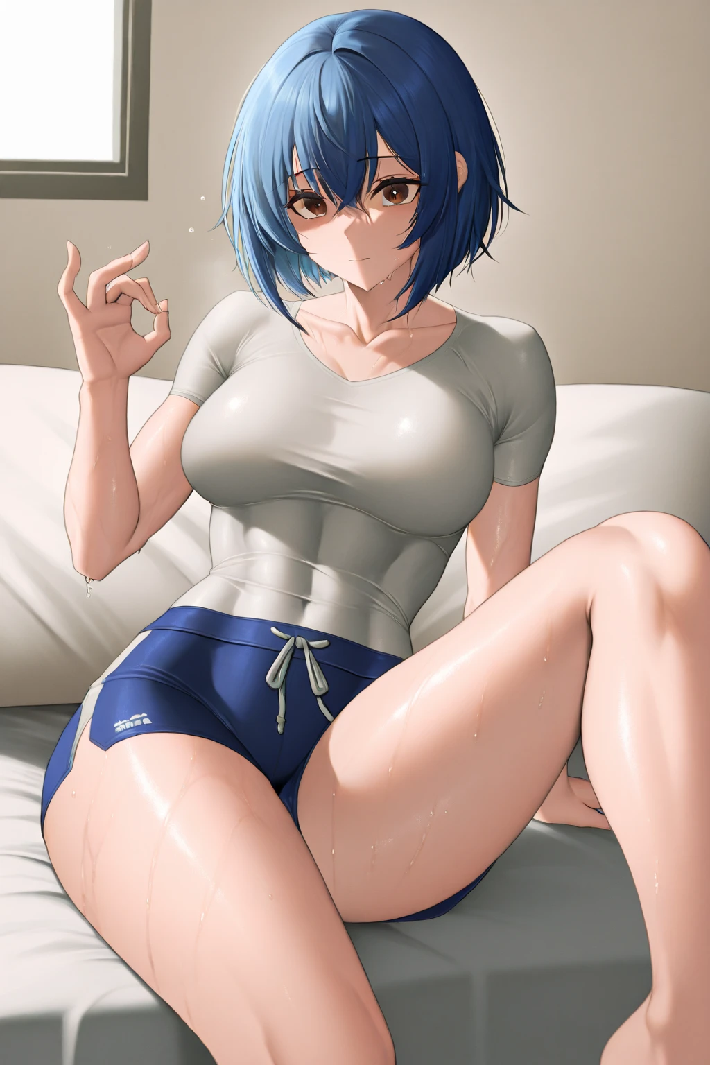masterpiece, best quality, ultra detailed, ultra high resolution, very detailed face, solo, ((anime)), (((from bottom shot, side))), 20 years old girl, (((micro bikini))), ((deepblue bob hair)), (((large breast))), (six pack abs:1.2), (((sit on the bed))),