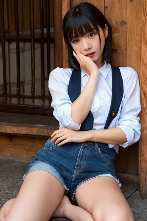 (Mesa, Best Quality, ultra detailed, 8k, wallpaper, photorealistic), ((perfect hands)), ((perfect anatomy)), medium neckline, abandoned concrete building、  ((Attractive anime girl 1)), ((Rei Ayanami)), ((Capturing her ethereal beauty with pale skin., The dense short indigo hair is stunning.)),Clean and detailed faces will appeal to viewers、 ((bright red eyes)), ((high school uniform))、((white panties), ((medium shot, from below)), Kamimei
