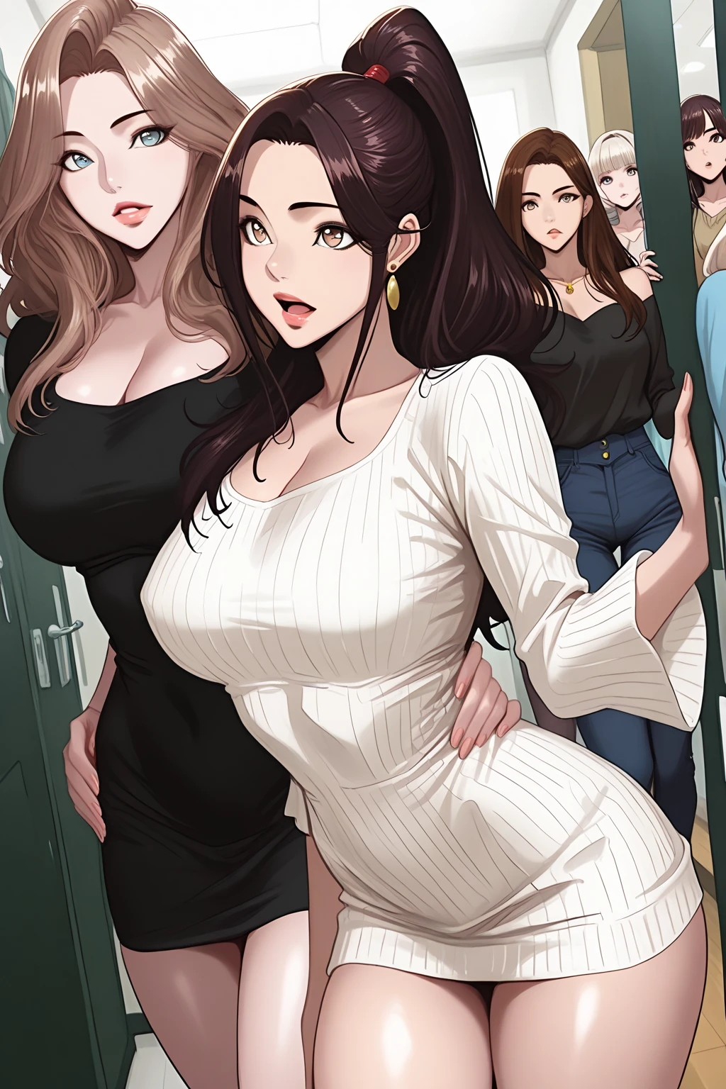 6-panel comic of a voyeur spying on a chubby Asian MILF undressing and getting an accidental creampie in her room, comic, 6 panels, removing clothes, pussy, hentai, pencil skirt, blouse, lingerie
