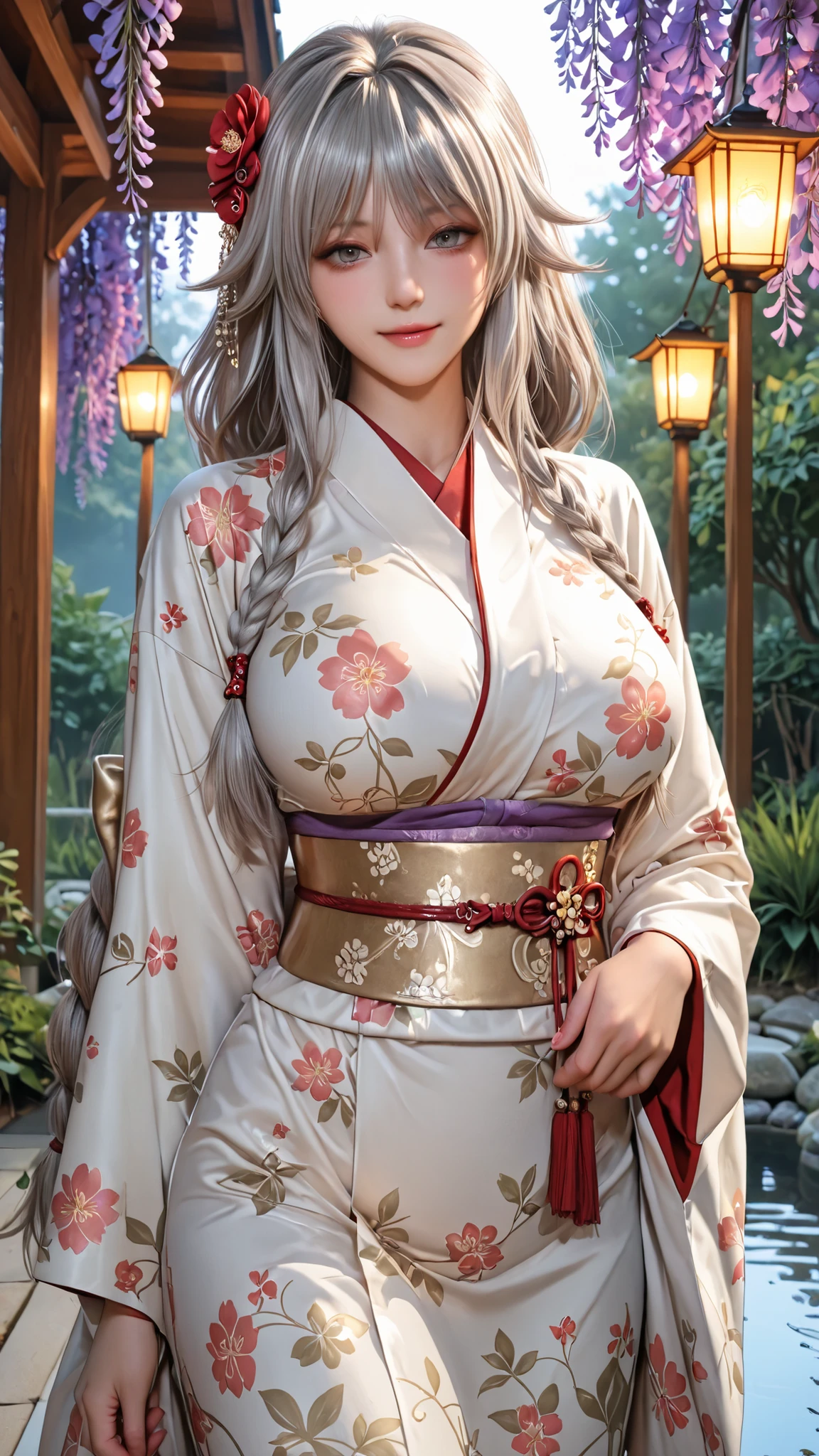 Grayfia Lucifuge from Hig school dxd wearing a traditional floral kimono, silver eyes, standing confidently in a romantic setting — one at night in a softly lit street with warm glowing lanterns, and another during the day in a serene Japanese garden with a pond and wisteria flowers. Her outfit is detailed with a colorful obi belt and delicate floral patterns. She has a soft smile, styled hair adorned with decorative accessories, and a graceful posture. Ultra-realistic, high detail, soft lighting, portrait orientation, big_breast,  