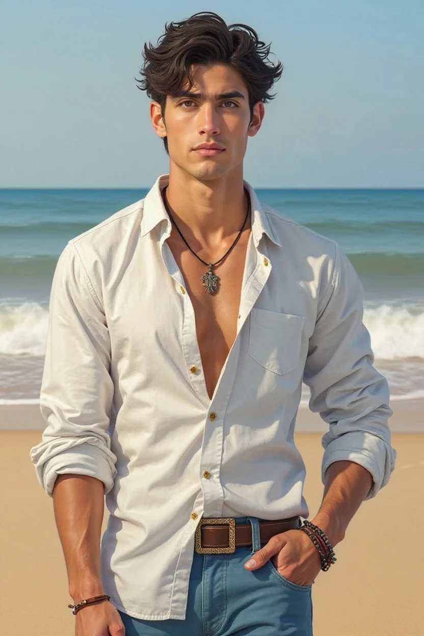 Young handsome cute white skin smooth skinny beautiful face shirtless Bringing water from an artecian well with a brown artisan jug
