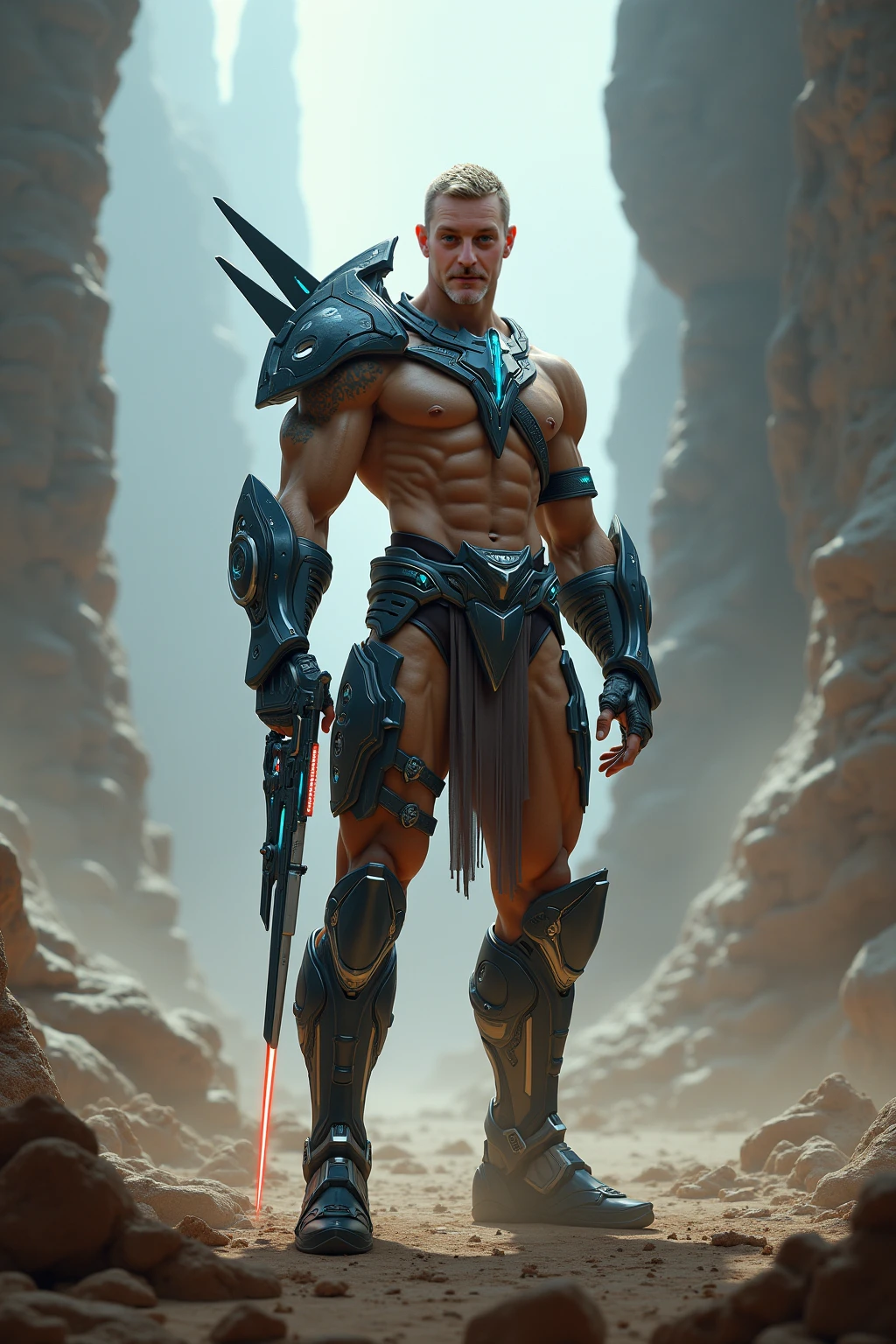 A purple skin man, with pink hair and horns, buff, athletic, big muscles, full body armor, warrior, big chest, manly face, evil, devilish, red eyes, villain