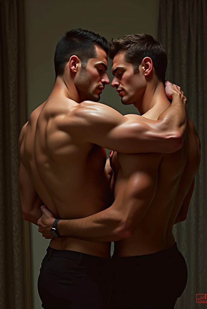 Homme musclé, barbu, beau, torse nu, braguette ouverte, penis en erection, regard intense. Avec autre garçon, différence de taille, nu, mince, petit.