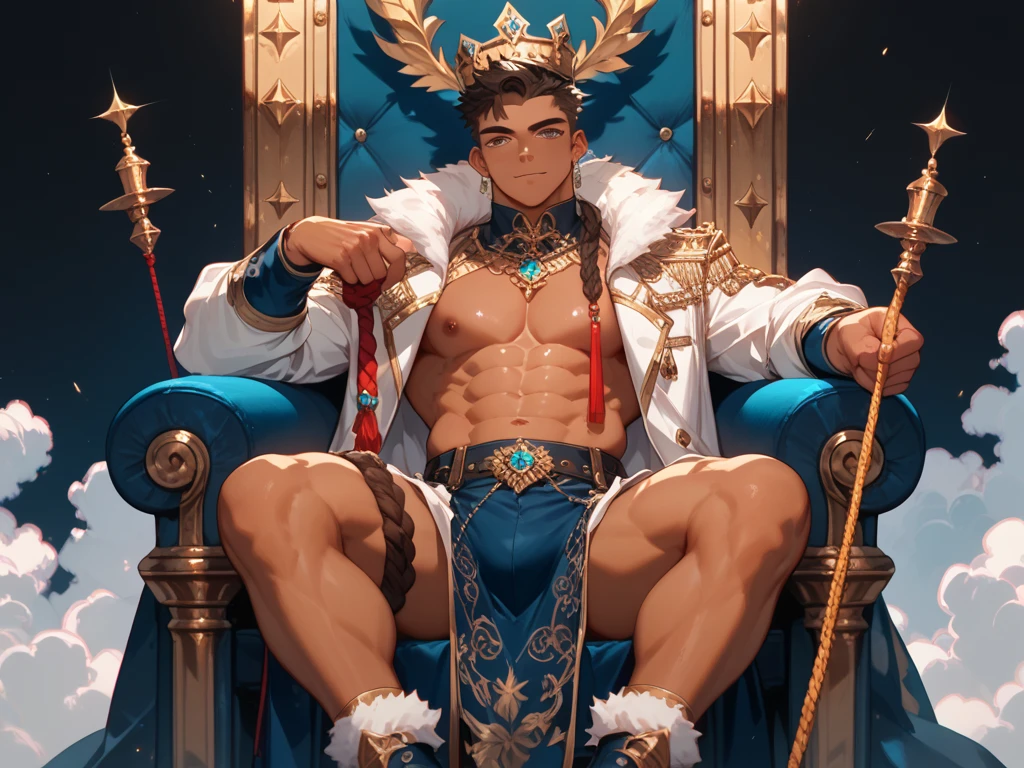 20 years old guy, muscular, full beard, osirisd3 sneakers, naked, (:0.6), erection, testicles, frenulum, glans, (:1.1), sitting on a crystalline (throne:1.3) made of crystals, wearing crown, spacious hall made of shattered crystals and broken gemstones, crystals scattered everywhere, white socks