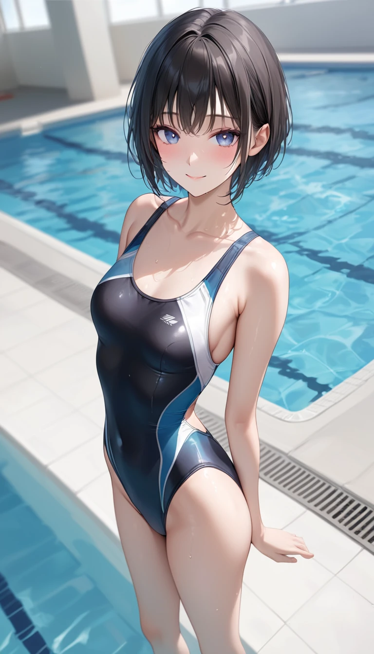 top-quality、Full limbs、complete fingers、Slender beauty、Bery short hair、knee high、Blue school swimsuit、Small eyes、Bedrooms