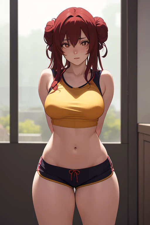 (masterpiece:1.2), best quality, high resolution, unity 8k wallpaper, (illustration:0.8), (beautiful detailed eyes:1.6), extremely detailed face, perfect lighting, extremely detailed CG, (perfect hands, perfect anatomy),1girl,office lady,makima, makima,,braid,red hair long hair,braided ponytail,closed mouth,bangs,(yellow eyes:1.2),ringed eyes,yoga wear,tops,sleeveless,bare navel,yoga shorts,bare legs,standing,doing yoga on the yoga mat,leg up,holding a leg