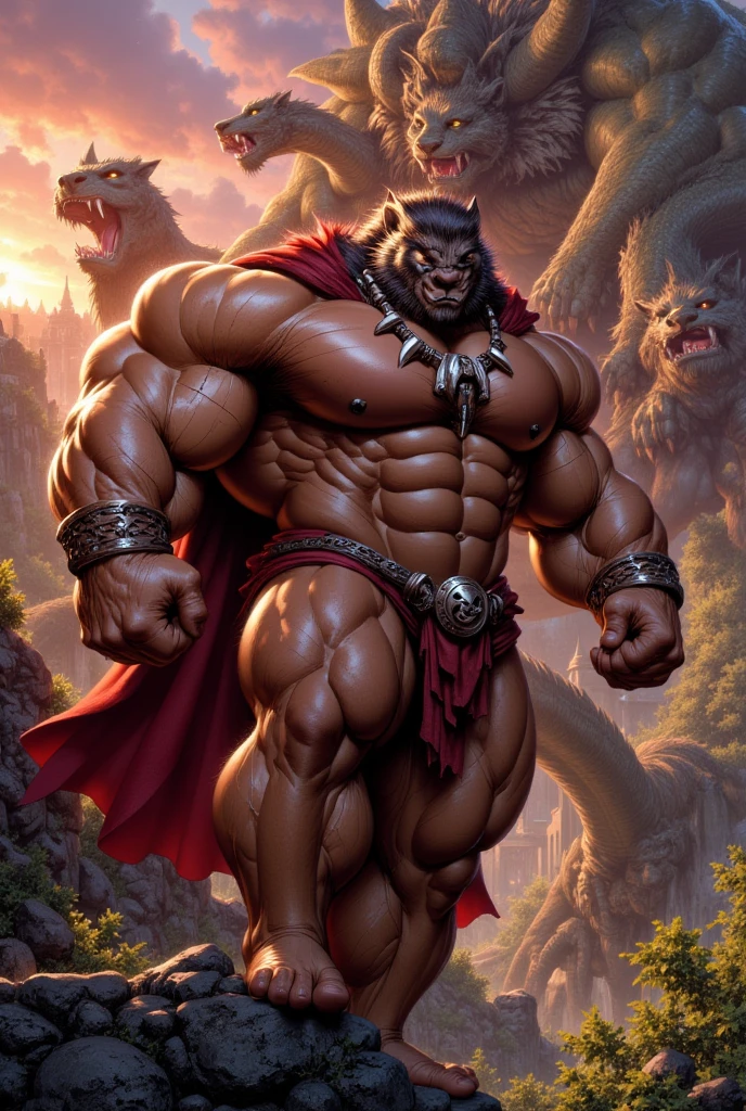 Beast from the movie Beauty and the Beast, superhero, hero, Nadaria, huge muscles, huge pecs, sculpted abs, huge pecs, exaggeratedly huge muscles. A furry brown hero whose presence inspires trust and respect.