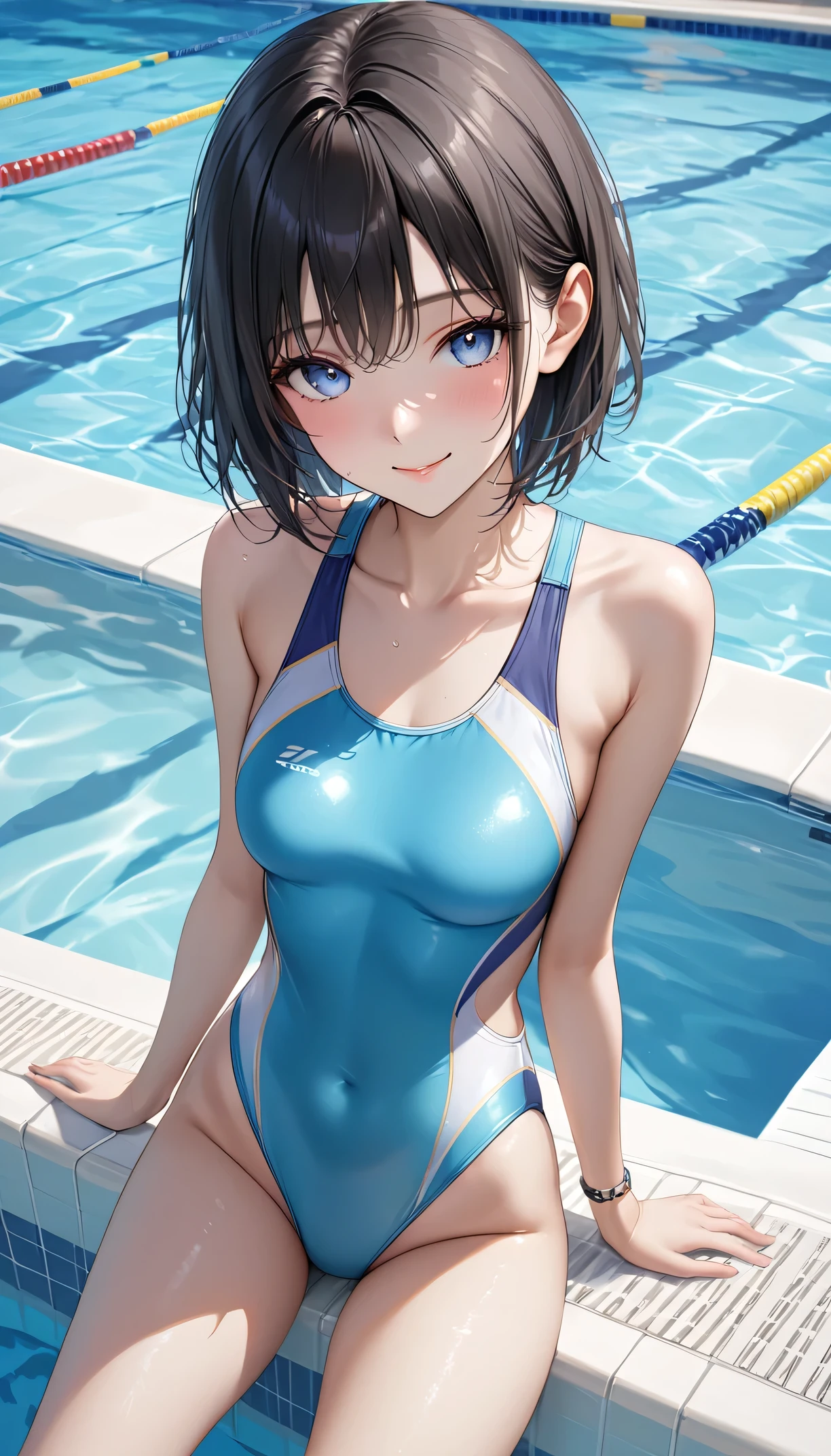 Highest quality、High resolution、Detailed Background、(Beautiful face in every detail:1.4)、Anatomically correct、(Detailed facial expressions)、(fine grain:1.2)、Teenage Beauty、Cute hair color、Braided bob cut、One girl, ((Primary school students)), Junior competitive swimmer, ((Turtleneck one piece swimsuit)), Simple design without patterns, Clear metallic green swimsuit, Small breasts、Perfect body line、 Portrait, ((Close-up of the mouth)), View your viewers, Outdoor swimming pool, From the side, Partially submerged, Wet Skin, A quiet smile with closed mouth, (armpit), Hands do not hold anything