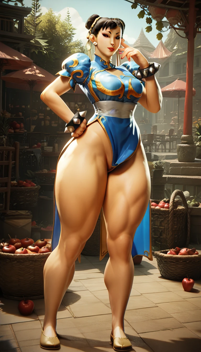 Chun li with a big bust, huge muscular thighs, in a kung fu pose, no stockings, hyper-detailed, 8k, photorealistic, cinematic lighting, dramatic composition, vibrant colors, masterpiece
