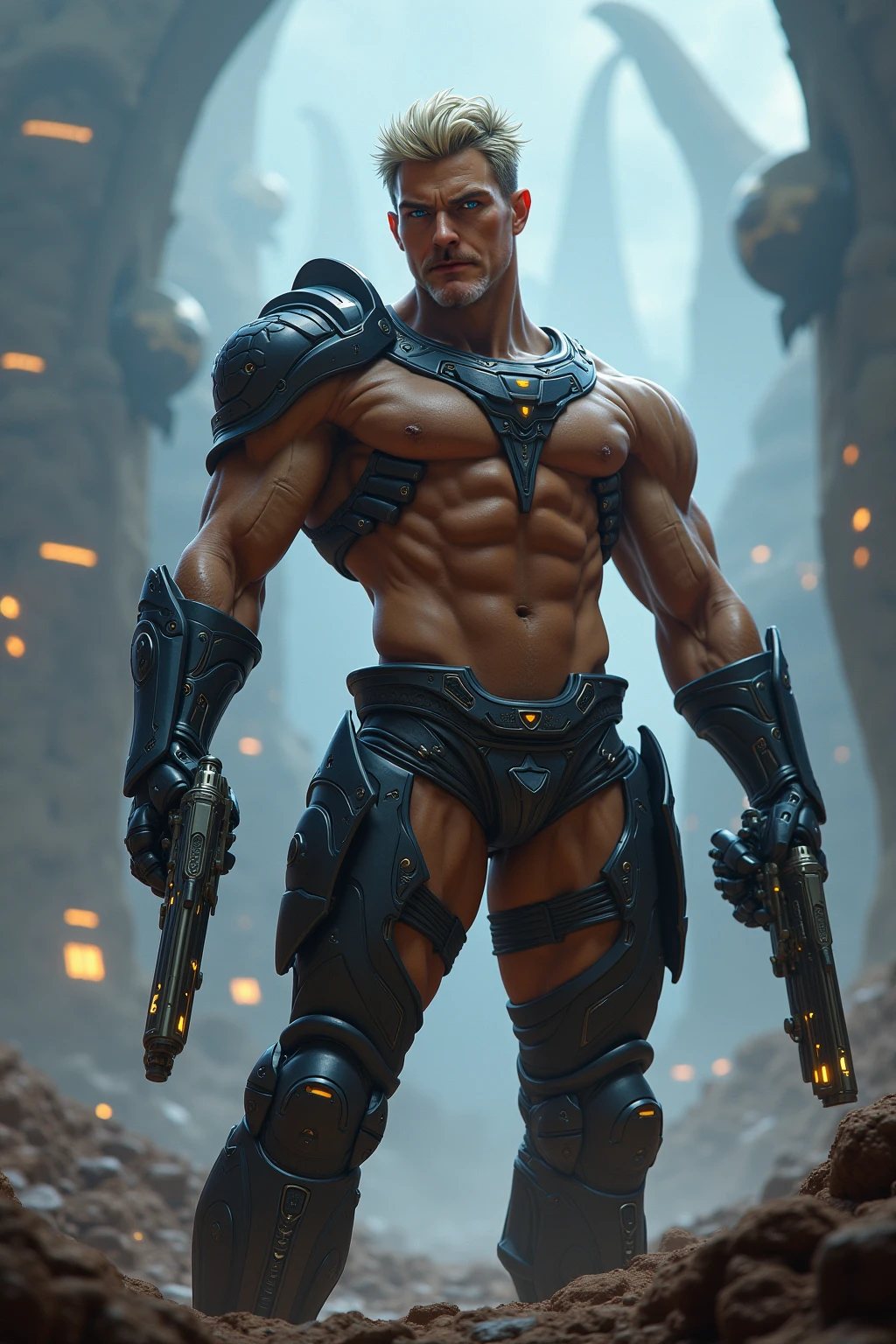 An asian giant muscular young man with attached robotic loaded machine gun with half blue Robot eye and background of giant robots ,aliens and dinosaurs fighting