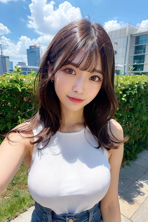 masutepiece, Best Quality, Photorealsitic, finely detail, hight resolution, 8K Wallpapers, Perfect dynamic composition, Beautiful detailed eyes, Medium Hair, large full breasts, Random and sexy poses,Random situations、(Tight gray knitwear)、A smile、Urban landscape、25-years old、(Drooping eyes 1.3)、Adult beauty、japanes、Lifting a gray knit with both hands、