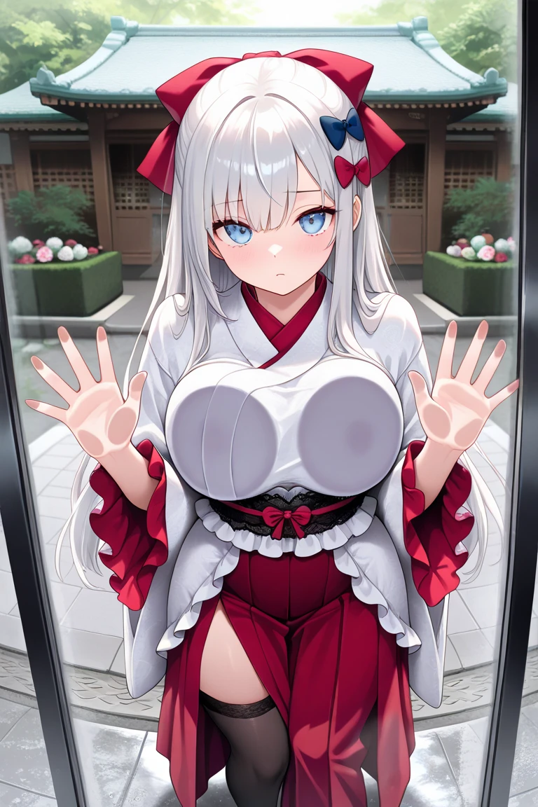 Huge breasts,Straddling,(Open legs wide),Beautifully shaped breasts,slender,cleavage,(White kimono),Black pants,skirt rift,oiran,Mother Spider,Showing panties,1boy,pov,from about,breasts focus,breast grab,gets pregnant,spider web,ruins,temptation