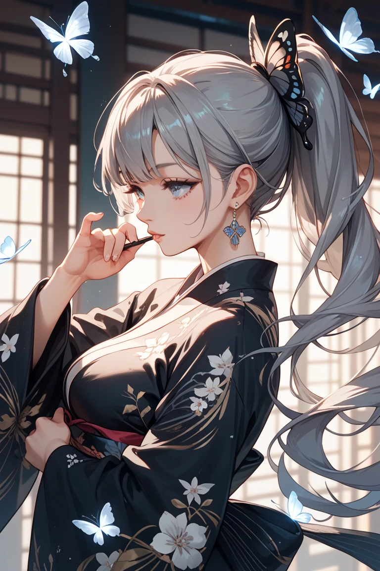 (((masterpiece, best quality))), (((superior quality))), cute girl, ((extremely detailed girl)), ((huge breasts)), yukata, bare shoulders, strapless top, long silver hair, happy