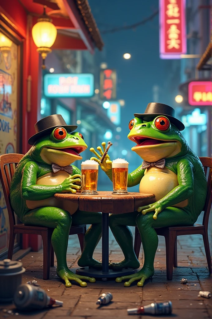 Group of toads drinking beer