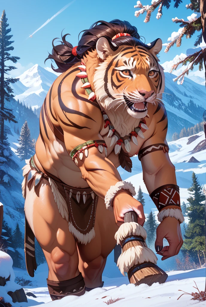Heavy sweating,muscular,Topless,Stand on a cliff at the top of the mountain,hairy,personification,chest hair,Serious expression(Scars on the face) Mature (blue eyes)Huge muscle ripped abs wild, Tribal Chief Tiger