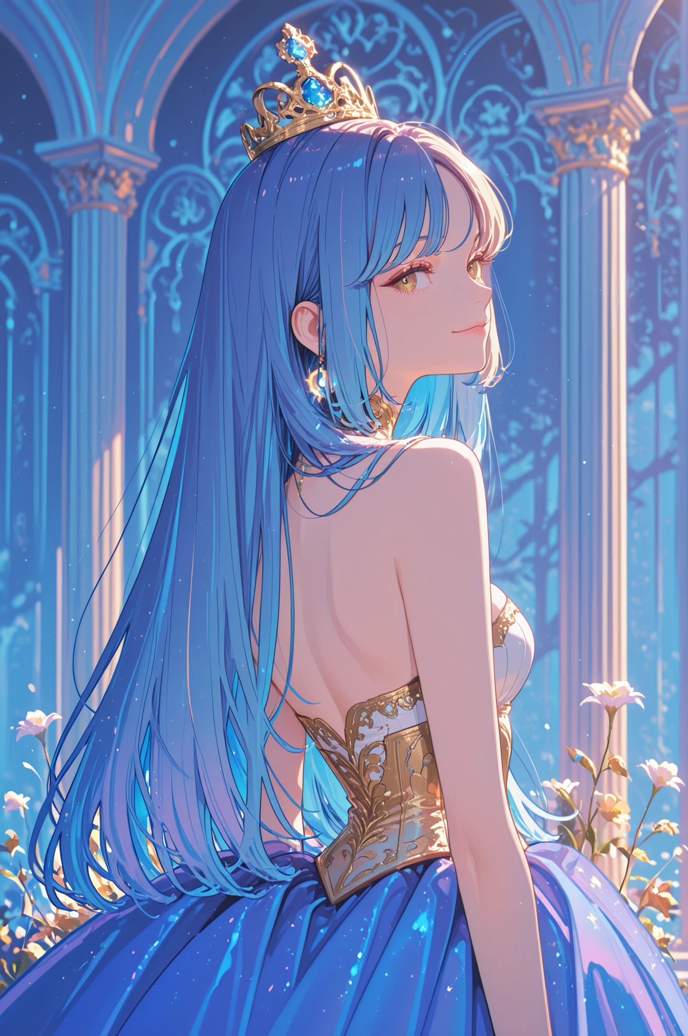 ((Highest quality)),(Ultra-high resolution),A dress with a flared skirt made of deep blue roses,Highly detailed CG Unity 8k wallpaper, , Earrings, Blue hair, Curly Hair, Blunt bangs, Straight bangs, Blue eyes, White skin, Gal, Improve、Her flat chest is hidden by her dress、Reduce exposure