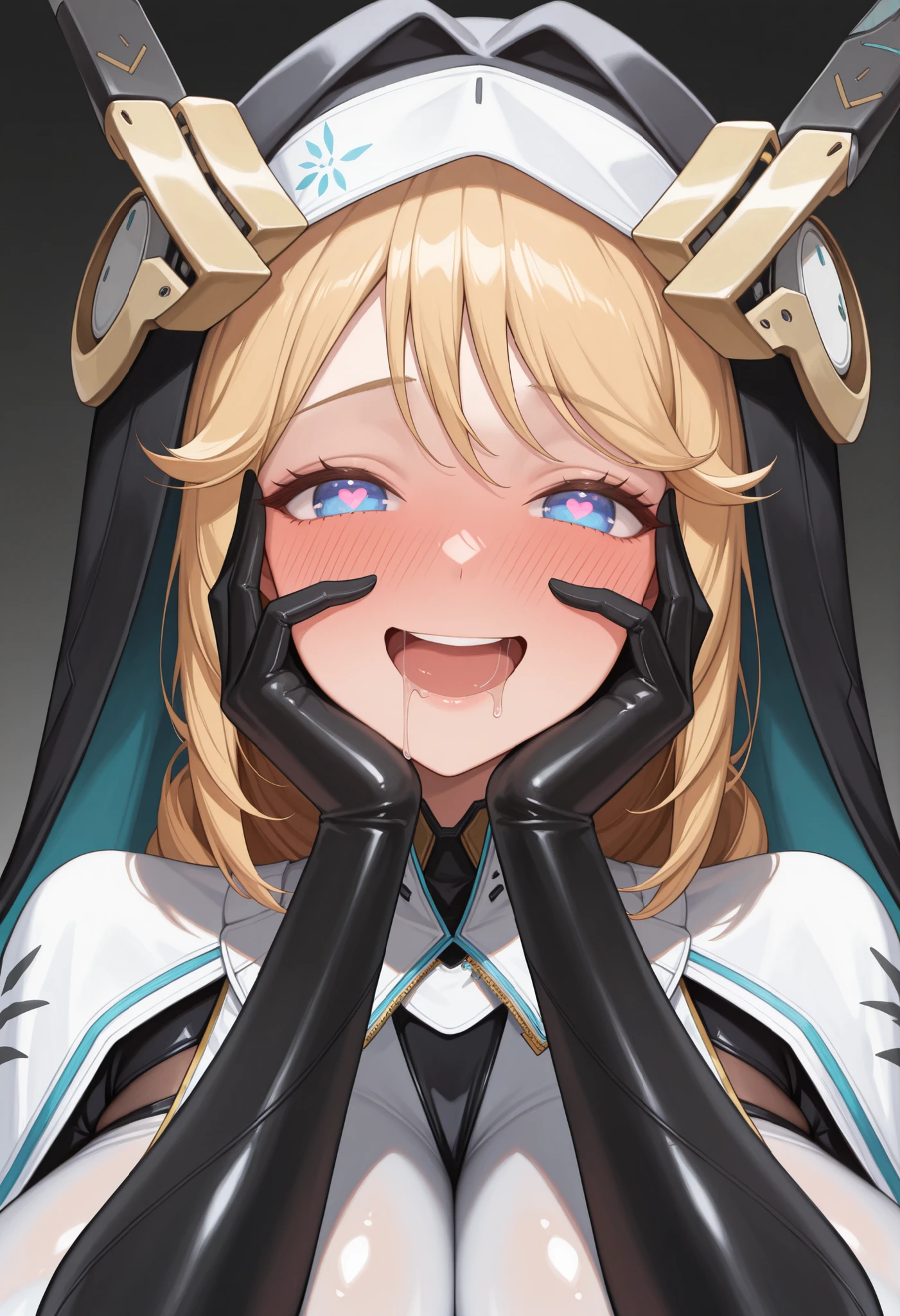 masterpiece, best quality, absurdres, highres, newest, 1girl, solo, <lora:rapunzel-nikke-richy-v1_ixl:1> rpnzldef, blue eyes, blonde hair, very long hair, braid, bangs, habit, , nun, black veil, headgear, white capelet, , black gloves, black dress, smile, heart-shaped pupils, hands on own face, blush, open mouth, saliva, drooling, happy, close-up, full-face blush, looking at viewer, pov