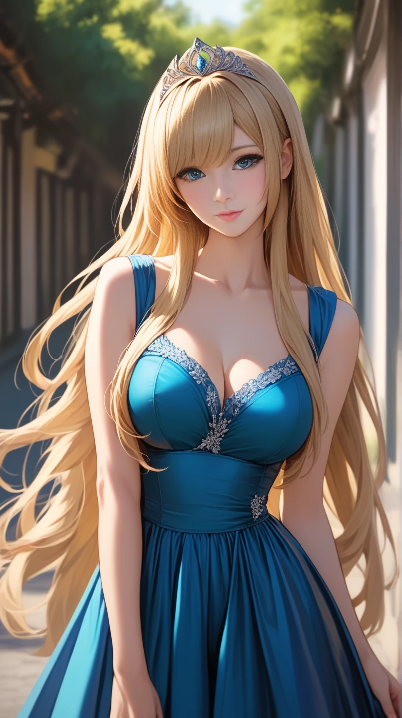 A beautiful and demure young blonde woman with long hair, blue eyes, pale skin, full lips, a button nose, a slender figure, small breasts, and wearing a blue dress
