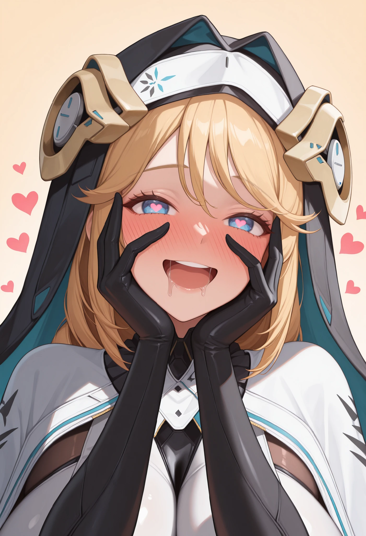 masterpiece, best quality, absurdres, highres, newest, 1girl, solo, <lora:rapunzel-nikke-richy-v1_ixl:1> rpnzldef, blue eyes, blonde hair, very long hair, braid, bangs, habit, , nun, black veil, headgear, white capelet, , black gloves, black dress, smile, heart-shaped pupils, hands on own face, blush, open mouth, saliva, drooling, happy, close-up, full-face blush, looking at viewer, pov