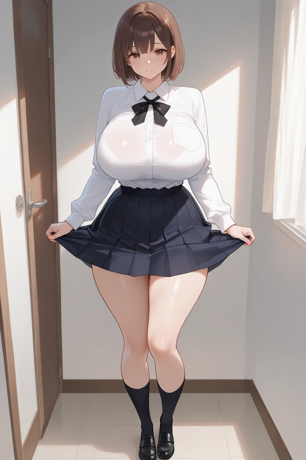 One Girl、Positive、From above、Full body portrait、Brown haired、Medium Haircut、blush、Absolute area、Knee socks、stockings、pantyhose、レースpantyhose、White underwear、Cleavage、Light blue cut shirt、Unbutton your shirt、Shirt buttons fly off、Navy blue checkered pleated skirt、Very short skirt、garden、Daytime、（Very big boobs）、((Full Body Lesbian))、masterpiece、（highest quality)、Panties around the ankles、loafers、The wind blows up my skirt