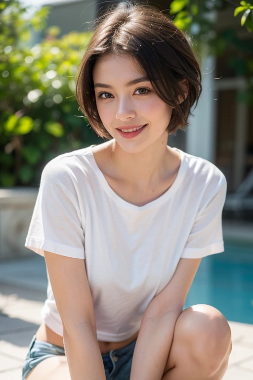 NSFW:1.5,((highest quality、8K resolution、master masterpiece、portrait:1.3)), Photoreal, 35mm film, 1 Japanese female, Upper body、on the street during the day, wrinkles around the eyes、plump body、cleavage、boyish_pixie cut、smile,((white bra_panties:1.3)) , (outdoor:city street 1.3), jumbled background,look at the audience,Tokyo cityscape:1.3