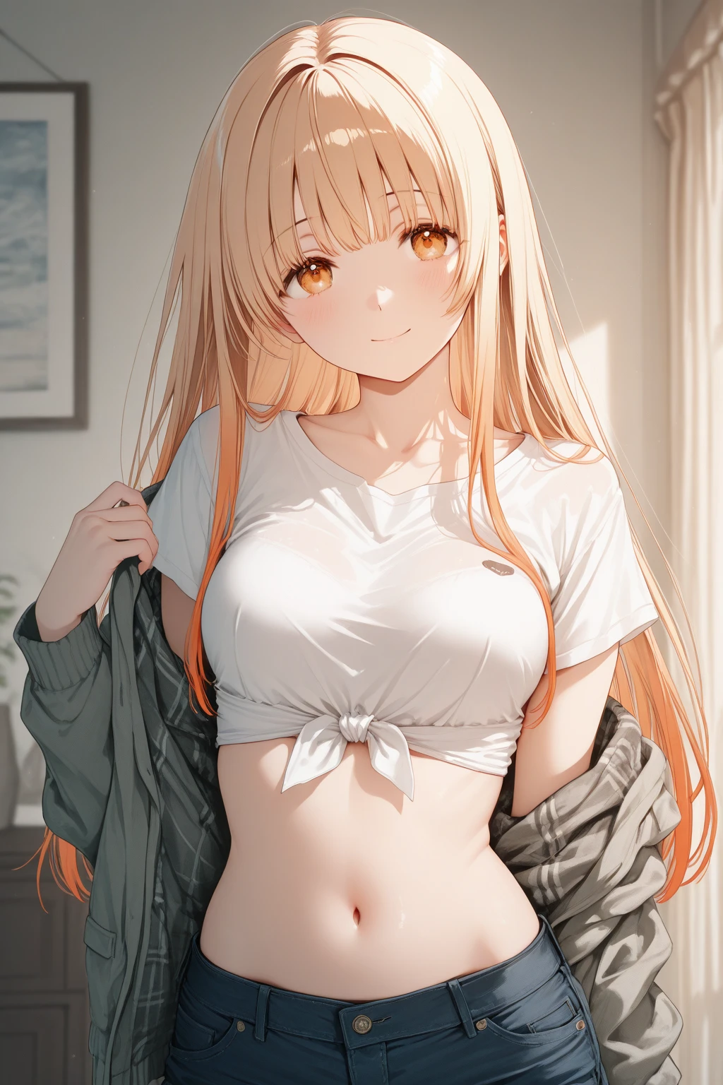 chiffon long cardigan, crop top, t shirt,1 girl, solo, medium breasts, belt, tummy, looking down, living room, blush, annoyed, arms crossed
