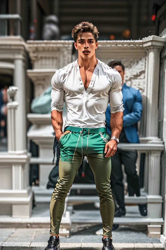 Zoro in a shirt with a stripe on the chest and pants