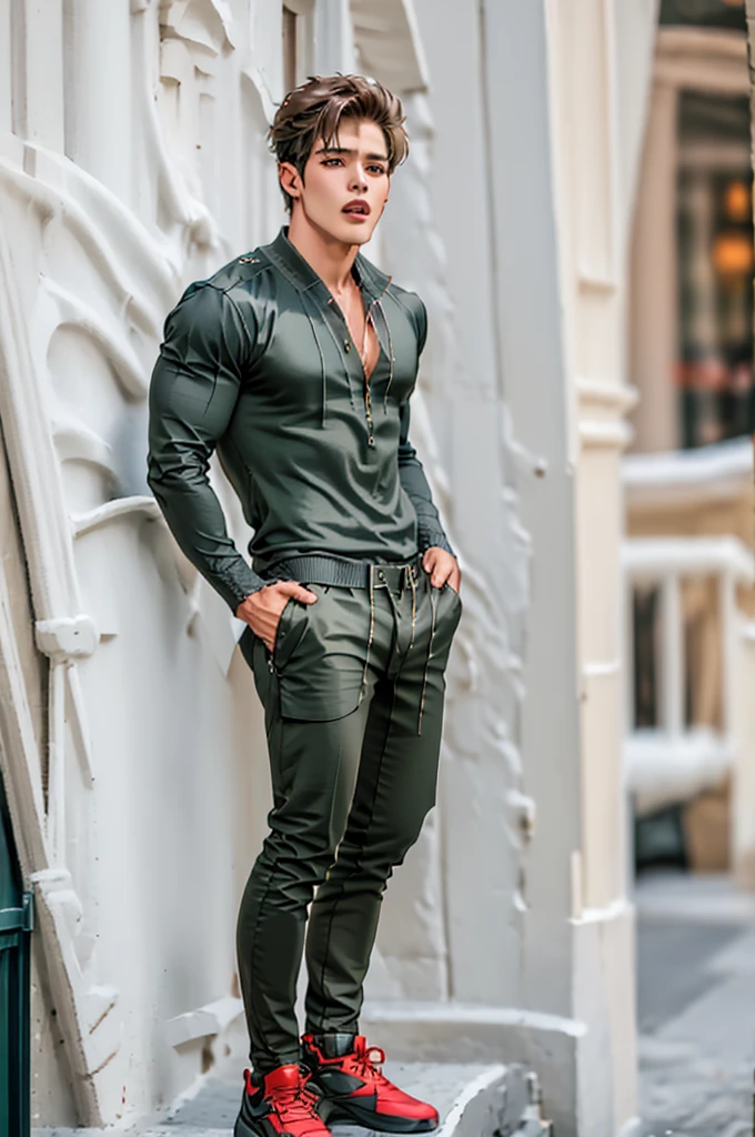 Generate a hyper-realistic image of a muscular asian male model standing outdoors in a lush, green natural setting, solo, Ultra HD. The model should have an athletic, bodybuilder physique with well-defined muscles, perfect facial features and a neutral facial expression. His skin tone should be warm and natural, pale white skin, with a smooth texture and clear muscle definition, (muscles bulge: 1.5). Perfect bare body, the model is wearing (a zip-up jumpsuit), highlighting his physique. The background should feature vibrant greenery, including various plants and trees, with sunlight filtering through the leaves to create a soft, natural light effect. Use bright, diffused lighting to accentuate the details of the muscles and skin, casting gentle shadows for added depth. The camera angle should be at eye level, capturing the upper body prominently with a slightly close-up perspective to emphasize the subject against the serene outdoor environment. (Full body view: 1.5), model posture,
