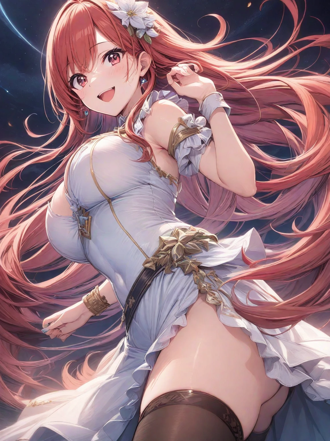 anime girl in a beautiful dress, beautiful breasts, smile, beautiful hair, dancing, elegance, luxury room, sweat