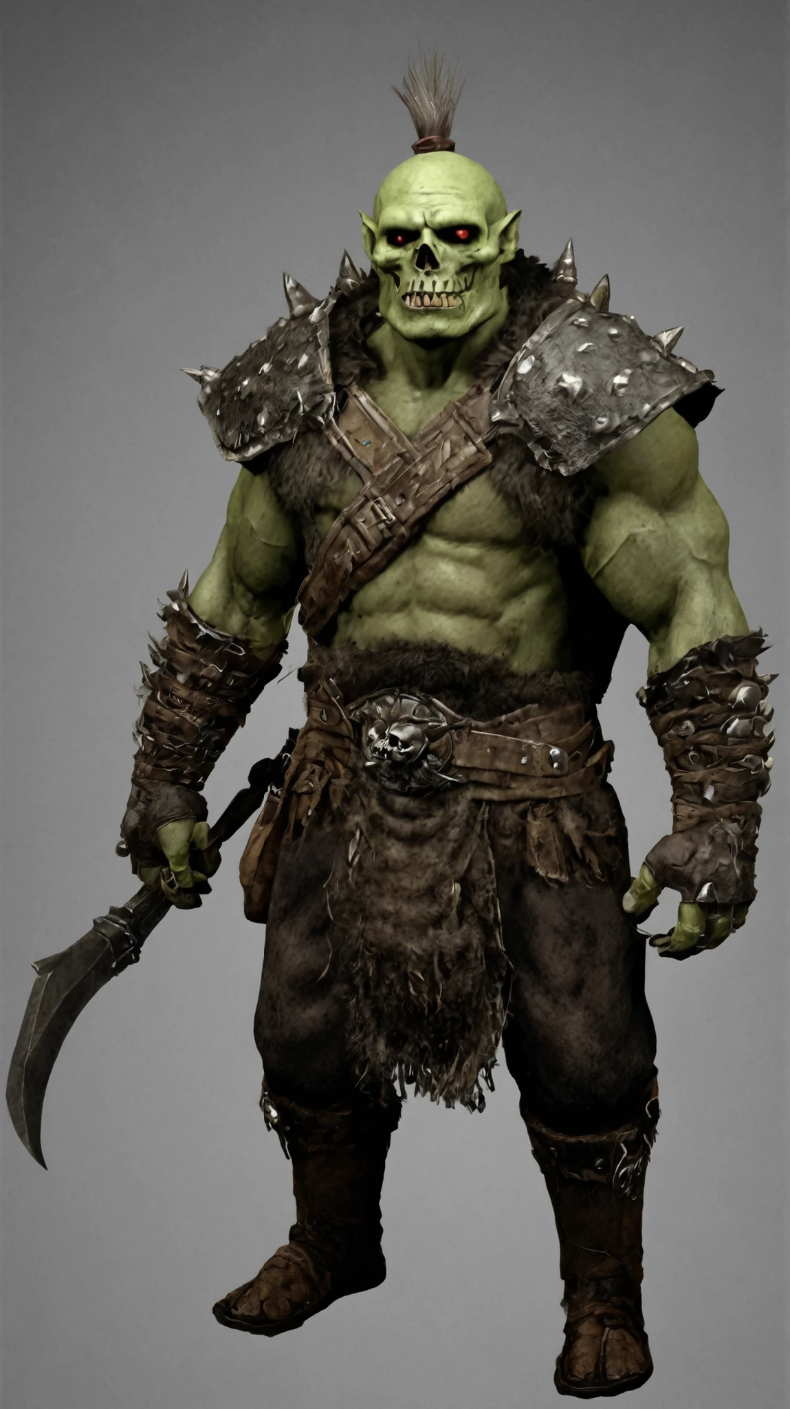 (medium full shot) of (wild orc) young, shaman, wearing Feathered headdress, leather robe, bone necklace, furred boots, beaded bracelets, holding wielding ceremonial dagger, set in the orcish lands, in Ancient grove with large, old trees, a natural spring, animal bones scattered around, an eerie silence , ,Masterpiece,best quality, photo, realistic, very aesthetic