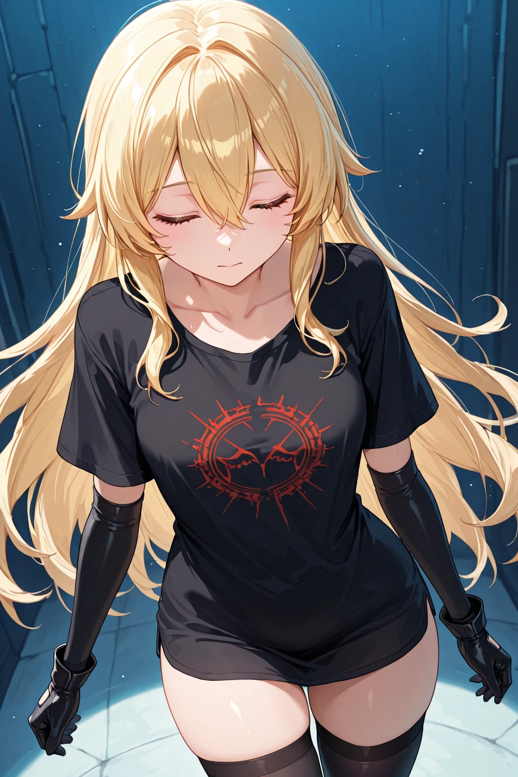 optimal,masterpiece,high resolution,best quality,Ultra HD,Very detailed,The award-winning,16K,Solitary,(Upper Body),Correct anatomy,Beautiful cyberpunk girl,Cowboy shooting、Cute face,,Blonde、Long hair、Double tail、Weaving, hairline,((Scarlet eyes)),Long eyelashes,Drooping corners of the eyes,White skin,((Shot from below)), ((t-shirt:1.5)), Clock top、((Clear nipples))、Rocket , (Large Breasts),(because I'Thin),