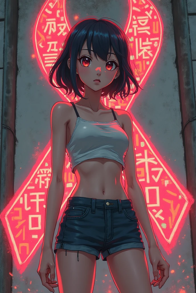 1 girl, balance, yinyang, dragon background, tattoo,pink flame, low light, mythical, transparent bra, short pants, ragged, short hair, black hair, freckles, sexy body, cute, ultra high quality