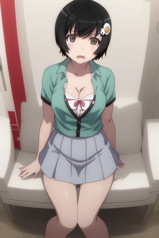 kuwanamaki, black hair with brown highlights, red eyes, thighs, short skirt, panty flash, sitting down, cleavage