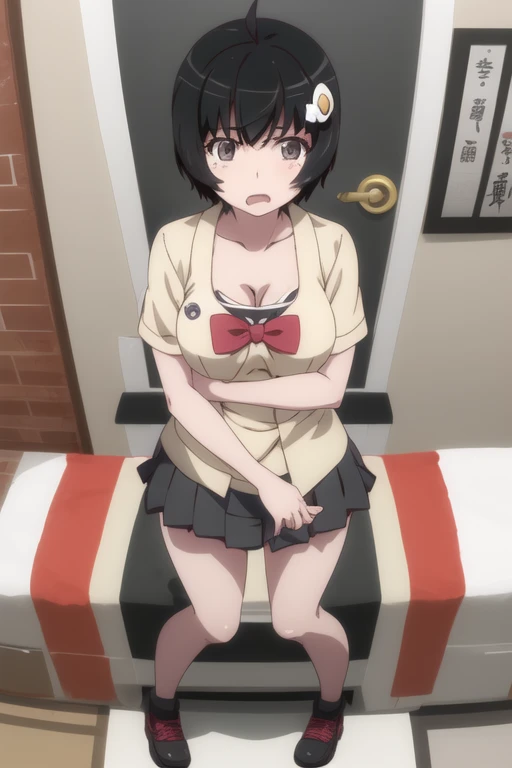 1girl in,(Sitting),(chair),classroom,From above,Looking at Viewer,Tomomi_Xijing, bow ribbon, Short hair, ,red uniform,Winter clothes,Long sleeves,(crossed arms),((bottomless)),((Panties)),Perfect Lighting,Best Quality,,Smile,blush,anime screen cap,Flat color,cel shading,short torso,Show off panties,pantyshot,
