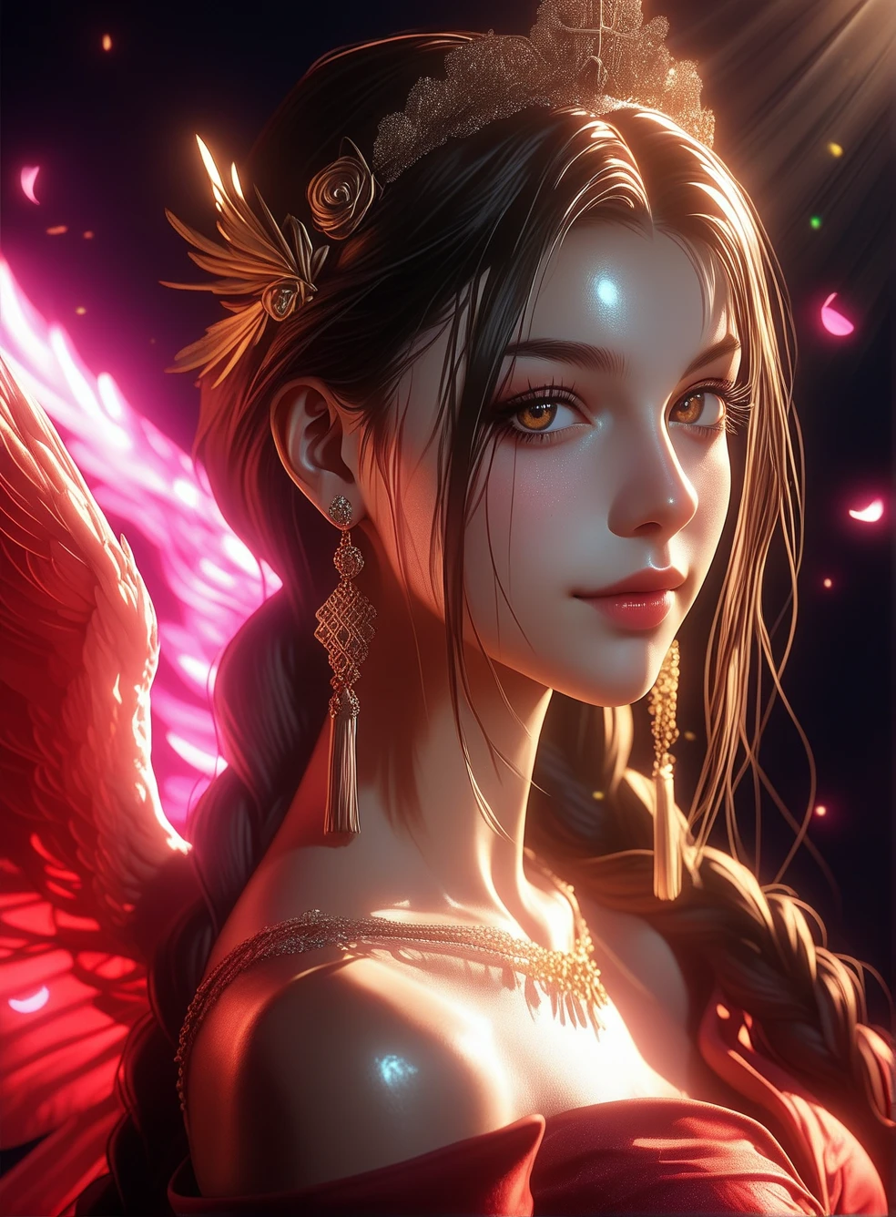  A vibrant and striking illustration that celebrates the theme of ‘Hair and Glory’. The scene should highlight the beauty and strength of hair as a symbol of identity, power and splendor. Imagine a central, gender-neutral figure with lush, unique hair (whether curly, straight, braided, colored or natural), exuding an aura of majesty and confidence. The hair should be the main focus, flowing or creatively styled with details that evoke glory, such as glitter, gold ornaments or elements that evoke royalty (crowns, rays of light, or sparkling petals). The background should be dynamic, with rich colors (hues of gold, purple or red) and elements that suggest victory or celebration, such as confetti, ethereal clouds or a starry sky. The art should convey emotion, strength and a sense of cultural pride, with a style that can range from stylized realism to watercolor or vibrant digital art. Avoid stereotypes and prioritize diversity and authenticity.
