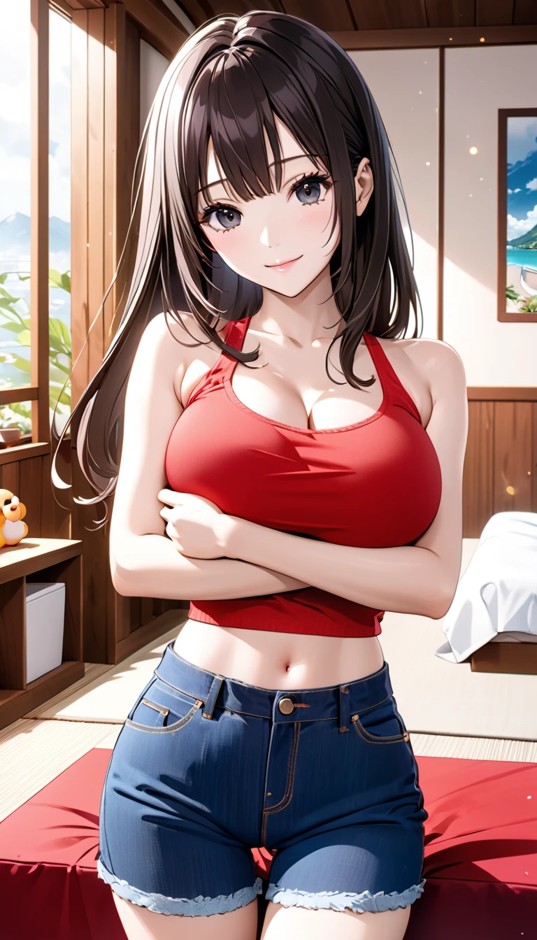 attractive korean woman, ripped muscle, muscular body, small breast, pale skin, smile(blush), red bikini, cross necklace, sixpack abs, [ultra detailed skin:1.2], brown hair, long wavy hair, 8k uhd, pussy, full body, crowd, public, bedroom, standing,