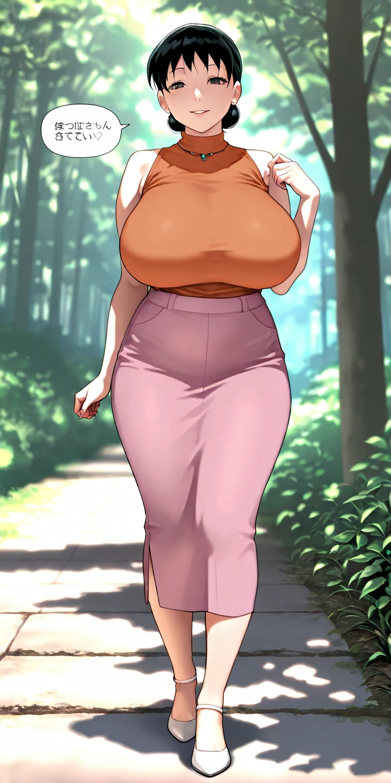 masterpiece, best quality, extremely detail 8k cg, high resolution, 1girl, pakura, green hair, orange eyes, slim body, huge breasts, bursting breasts, standing, m1n1dr3ssng, black dress, seductive face, outdoors, garden, night time, beautiful face, wide shot photo, full body