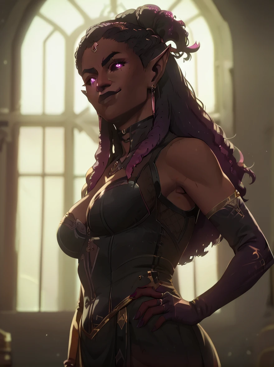 a muscular butch henchwoman with dark skin, pointed ears and features inspired by drow elves, wearing a brass-accented steampunk-style coat, corset, and straps, detailed realistic portrait, hyper detailed, highly realistic, photorealistic, 8k, cinematic lighting, dramatic pose