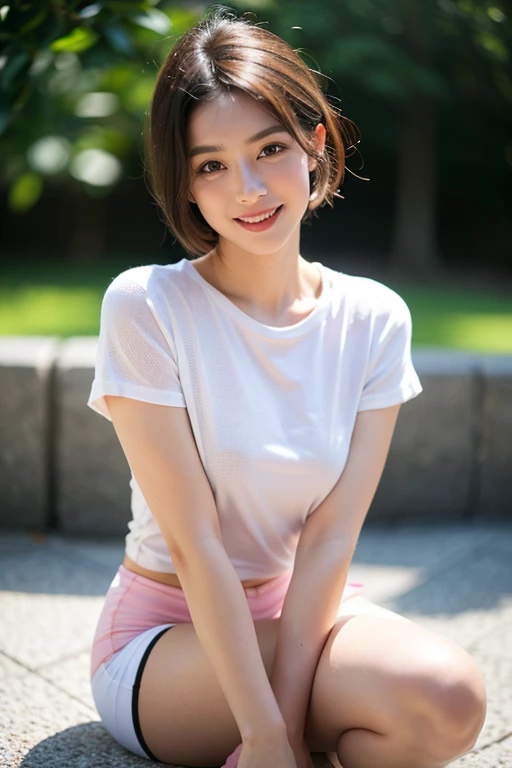 masterpiece, best quality, Surreal, Ultra Detailed, 8k resolution, RAW photos, Clear focus, (A girl in the forest), ((light gray shirt)), sleeveless, sports Shorts,, Solitary, Perfect body, Perfect body, Playful and flirty pose,((The calves are straight and thin:1.5,Wear high-end brand colored sneakers:1.5)),Bangs to eyebrows、Beautiful brown hair、Beautiful and delicate eyes、Brown eyes、Raise an eyebrow、High Nose、Small nostril、Little mouth、Tempting lips、Mouth slightly open、Beautiful breasts、Full body、Oval face,Phoenix Eyes,Eyebrow, Double eyelids, Long eyelashes, A faint smile, full-body shot:1.2,She has a pair of eyes as clear as water,Eyebrows are like distant mountains,Creamy skin,Lips like cherry blossoms。Her beauty is not only in appearance,It's more about her fragile yet tenacious temperament,Like a hibiscus flower swaying in the wind,It's pitiful, A faint smile, full-body shot:1.2,
32 inches in the chest,(a charming smile:1), (sexy pose),26 years old, light,White shoes,