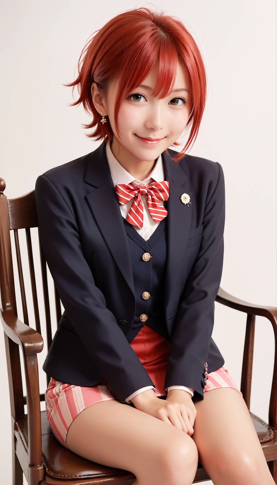 masterpiece, top quality, cute, The face of a Japanese woman in her 20s, Red hair, short hair, Hair bounces, blazer after face, Mini Skirt, smile, chair