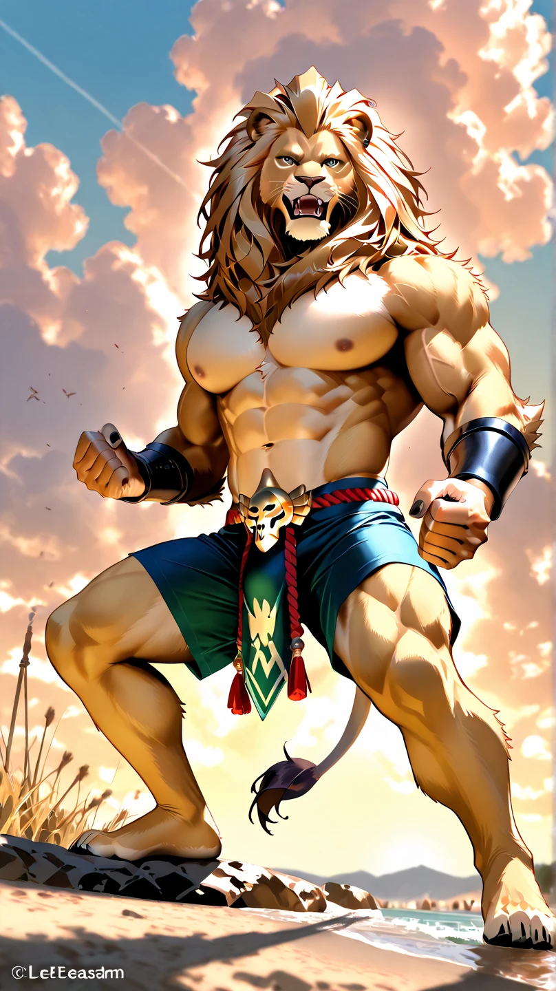 Guaraci God of the sun, jungle boy, sexy, muscle man, redhead, warrior of the Amazon rainforest, is flying in front of the sun full body, with an indigenous loincloth, he ezala power and sovereignty controlled the sun, powers of the sun, brazil