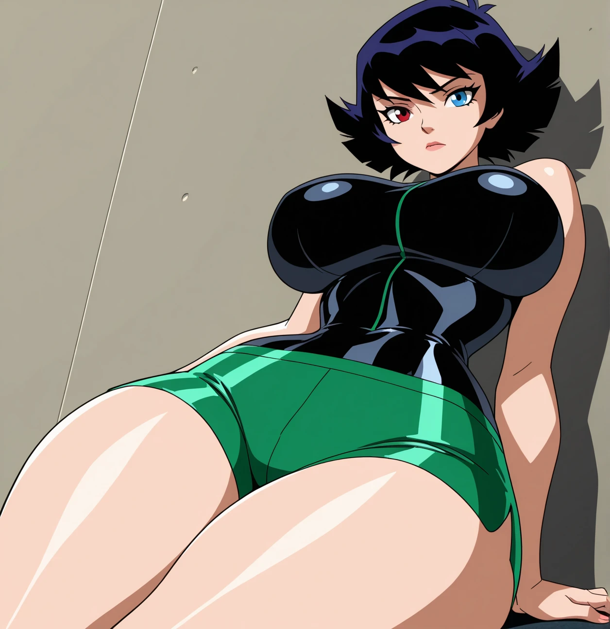 full body shot, looking at viewer, short hair, black hair, medium breasts, closed mouth, cleavage, collarbone, long black boots, indoors, black eyes, strapless, frown, black choker, head wings, wristband, black leotard, strapless leotard, Lying on stomach with hands propping up head, A mystical, shimmering garden filled with enchanted flowers and hidden pathways.,<lora:EdobUruseiYatsuraKurama_XL_v1.0:0.9>