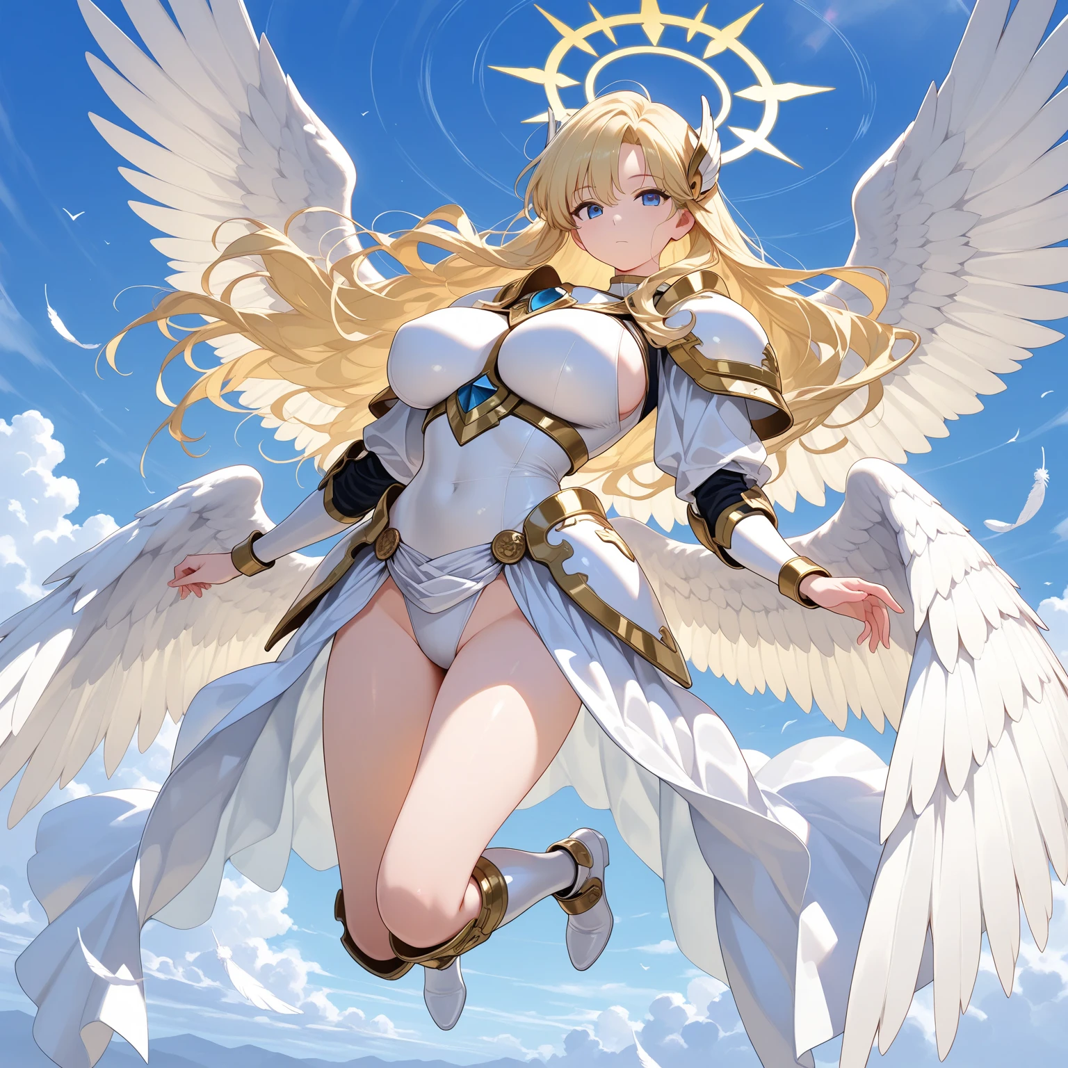 A priestess in a white bikini,Valkyrie,Angel Wings,belly button,Complex,Particles of light,Thighs,Shiny skin,Big Mouth、running、Long legodel Body Type、Perfect lighting, One adult woman, View your viewers、Pelvic Curtain, Open Mouth Smile、(masterpiece), (Highest quality), maternal, Porcelain-like skin, Honey Blonde Hair,Detailed blue eyes、Very long straight hair