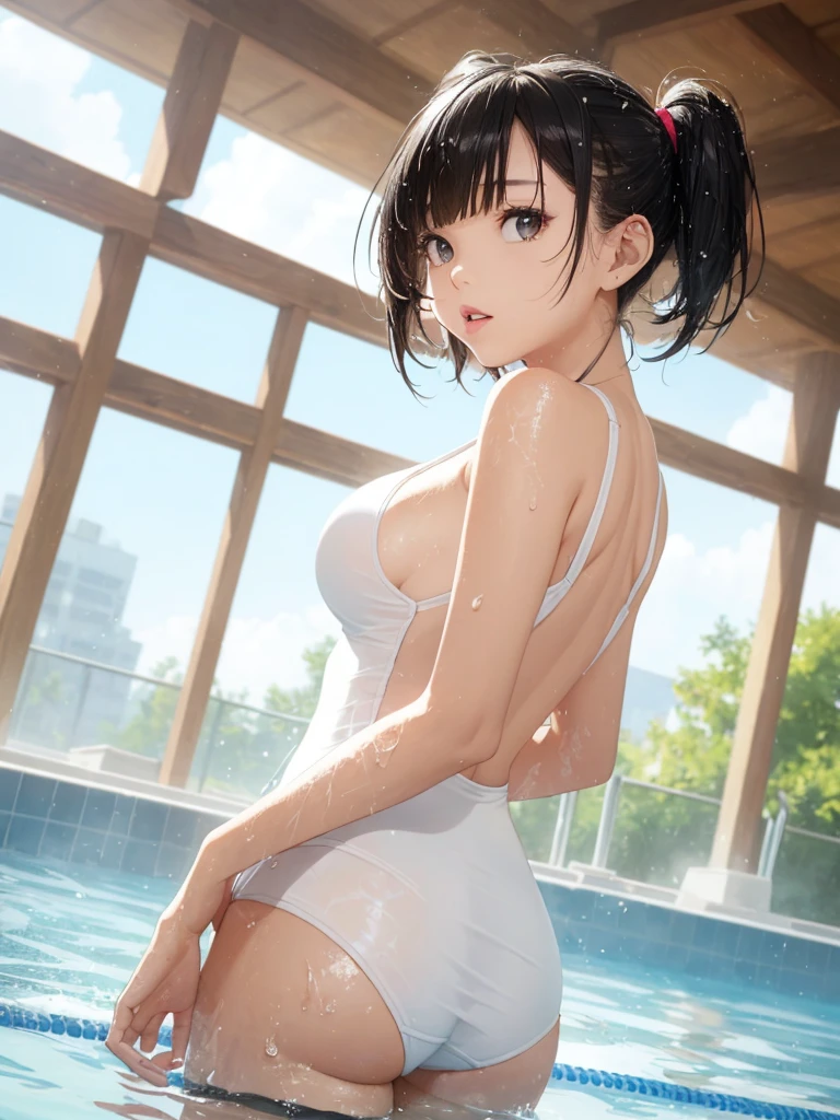 Close-up of the butt looking up from below the ground、Realistic、12-year-old girl(1. Glowing Skin.4)、sweating、Wearing a white swimsuit,smile,Emphasize cleavage,Face reality,lips are a little red,Cheeks are a little red,sexy,Pool
