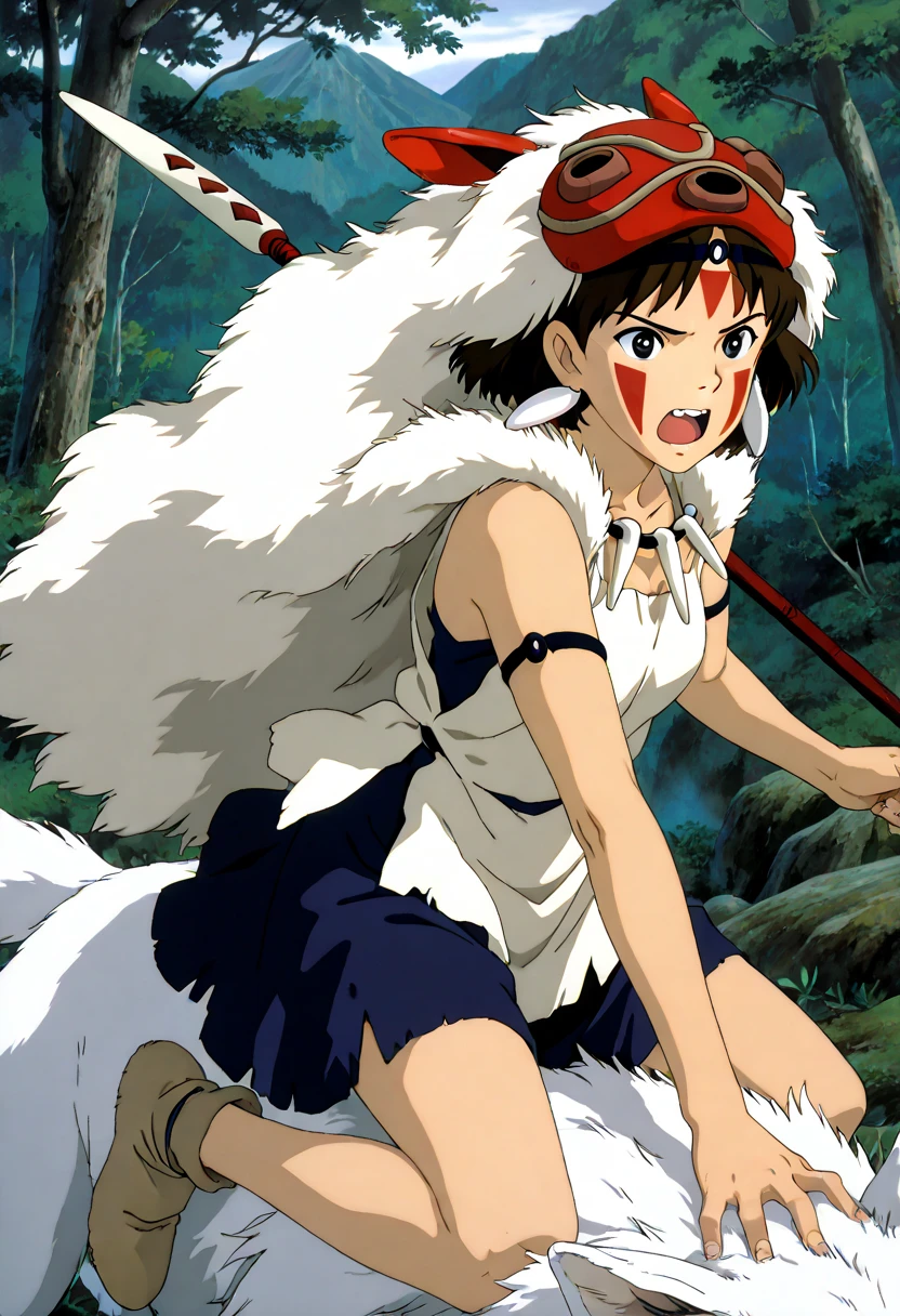 amazing quality,very aesthetic,absurdres,best quality,newest,masterpiece,4k resolution, absurdres, highres, detailed background, 
 <lora:smartphone_screen:1> smartphone screen, phone,expressionless, pov hands,  <lora:san_pony_v4:1>  san (mononoke hime), 1girl, solo, short hair, brown hair, gray eyes, face paint, earrings, large breasts, sagging breastst, large areolae, puffy nipples, nude cape, squatting, clitoris, pubic hair, ?,  from above, barefoot, forest, grass, dutch angle,