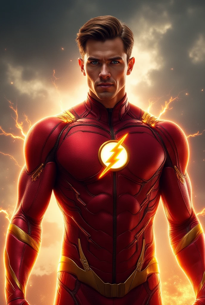 Personagem da DC Comics "O Flash" transformada em mulher :

Flash Feminino, DC Comics, obra de arte, melhor qualidade, hiperrealista, cabelo loiro, barriga definida, 16k hdr, fotorrealista, Cinematic, Capuz vermelho com raios dourados, build lean muscle, rabo de cavalo loiro longo, Detailed eyes with electric blue irises that flash like lightning, Sitting in a dynamic pose with one leg crossed over the other, hands on hips, smiling with confidence, Revealing a hint of his toned abs and the iconic red and yellow lightning bolt symbol on his thigh, Cativante e cheio de energia, CG unificado