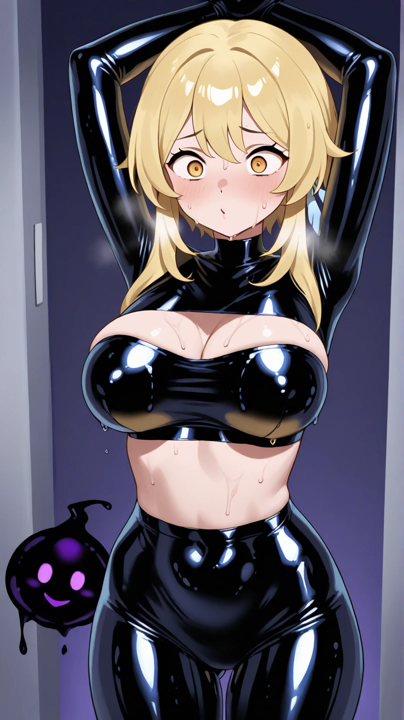 rating_explicit, black buff strong woman character, muscle arms, muscle body, buff body, tall woman, black skin, full black skin, strong arms, long fringe hair, blonde hair, blonde fringe hair, fringe hair, scales in body, black lips, egypt hair, milf, night, yellow lights, scales, mature woman, scale in arms, SEX, doggystyle sex, intense sex, gangbang, grabing her arms, intensive sex